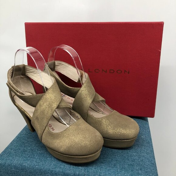 Sacha London Gold Metal Ventura cross strap round toe Heels size 6.5 - Picture 2 of 15